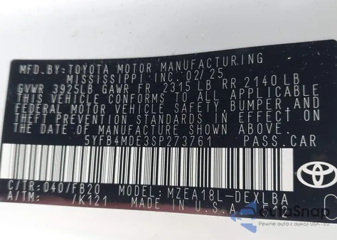 2025 Toyota Corolla Le z USA, uszkodzony, nr VIN 5YFB4MDE3SP273761